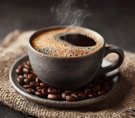 Caffè caldo in tazza con chicchi di caffè