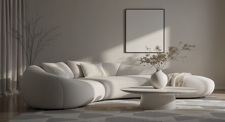 Modern Minimalist Living Room Design Curved Sofa, White Decor Sunlit Elegance