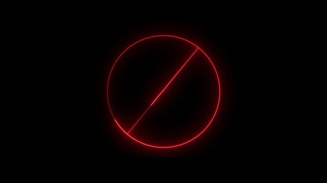 Red color neon ban or no entry icon animation in black background. Simple neon line Ban icon animation.
