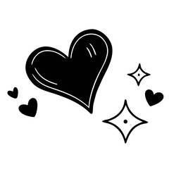 Hand drawn black heart symbol with sparkling stars and small hearts representing love affection and magical moments in a simple doodle style