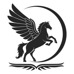 Majestic silhouette of a mythical winged horse pegasus rearing upwards against a crescent moon symbolizing freedom and fantasy