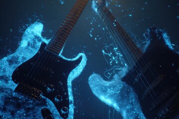Abstract Music Visualization Electric Guitars Glowing Blue Particles Dark Background
