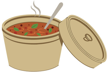 Steaming pot of delicious soup with a spoon and lid