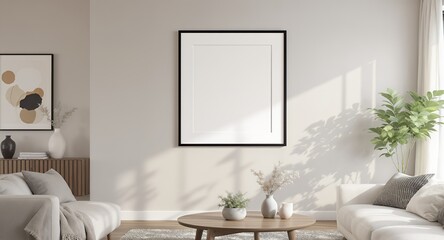 Modern Minimalist Living Room Mockup Large Frame, Neutral Decor, Sunlit Space