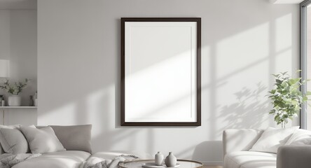 Modern Minimalist Living Room Mockup Large Frame, Neutral Decor, Sunlit Wall