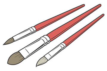 Three red paint brushes with white ferrules and brown bristles
