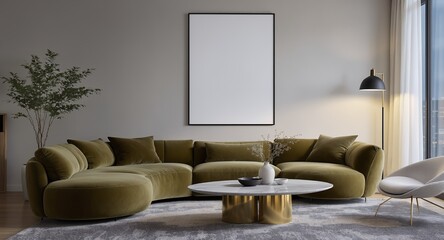 Modern Sectional Sofa, Olive Green Velvet, Marble Coffee Table, Stylish Living Room Decor