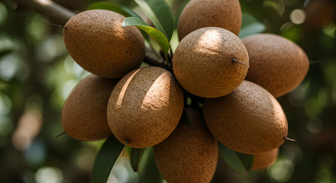 Sapodilla tree close-up with smooth brown fruits in focus