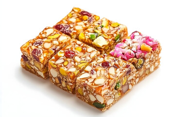 Delicious nut squares with pistachios, cranberries and rose petals for healthy snacking and satisfying sweet cravings, a tasty treat