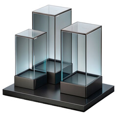 Elegant Display Cases A 3D Rendering of Glass Showcase Cabinets on a Platform for Exhibiting Products and Artifacts in a Gallery Setting