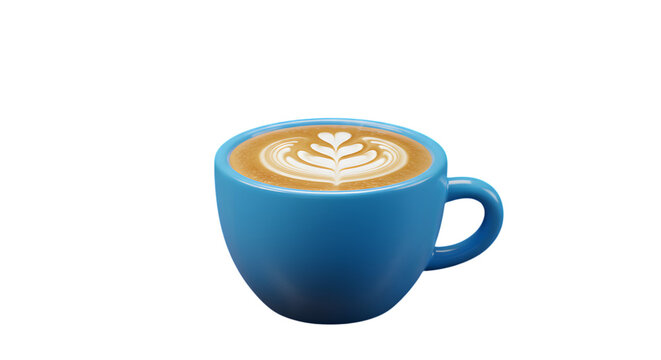 A delicious cappuccino with latte art in a blue cup sits isolated on a transparent background ready to be enjoyed