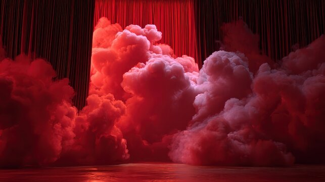 Abstract Red Smoke Clouds Erupting From Theatrical Curtains In An Artistic Display