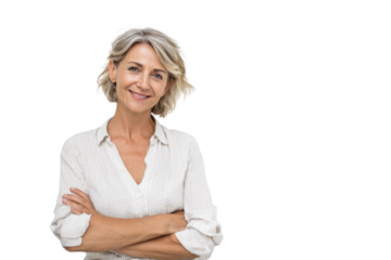 Portrait of 50 years old smiling woman looking at camera with crossed arms. Happy girl standing in creative office. Successful businesswoman standing in white background PNG	