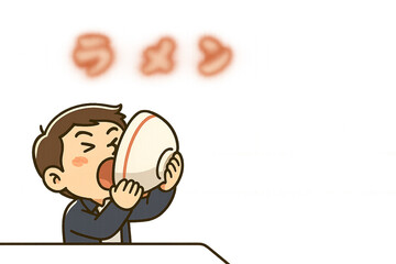 スープを最後まで飲み干すミニキャラ男性客のイラスト