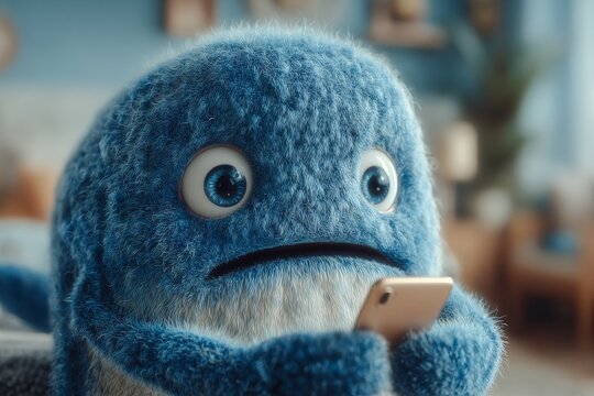 Whale's morning fear: a cute tale with a smartphone. How crypto works. Is crypto freedom or financial chaos for the average investor. Whale cute design. Whale and light.