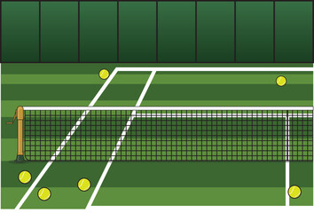 Tennis Court with Net and Balls Vector Illustration – Sports Background Design Green