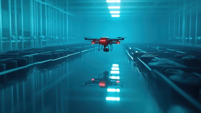 Drone in futuristic warehouse