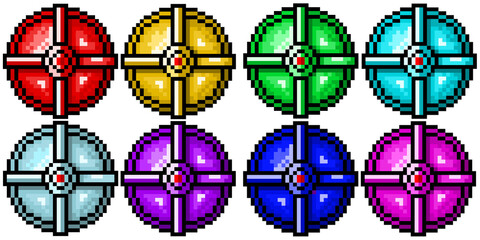 A pixel art collection of eight round medieval-style shields, perfect for retro-style game assets, stickers and icons.
