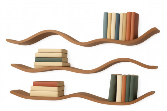 3d rendering of colorful books standing on modern wooden wavy bookshelves with transparent background - Powered by Adobe