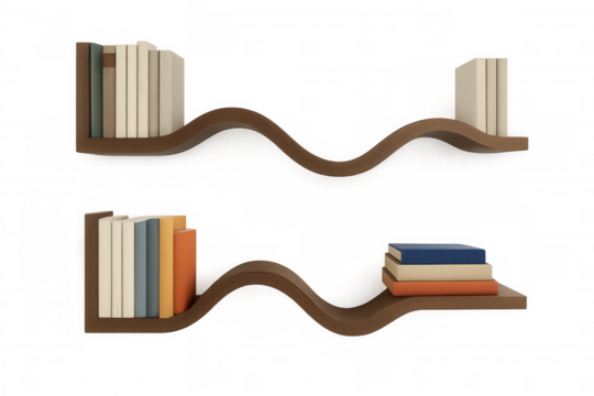 Two modern wavy wooden bookshelves are holding colorful books on a transparent background, perfect for interior design visualizations