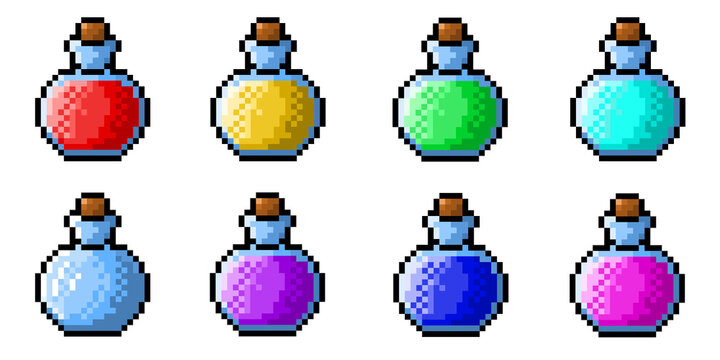 pixel art collection of eight potions for medieval-style fantasy RPG games, perfect for retro-style game assets, stickers and icons.