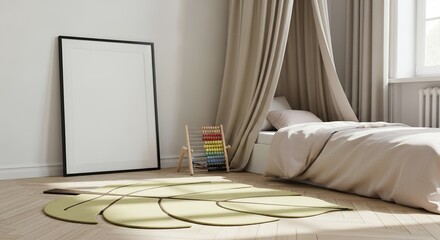 Modern Childs Room Design Neutral Decor, Leaf Rug Mockup Poster