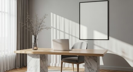 Modern Home Office Setup Minimalist Desk, Elegant Decor, Blank Canvas