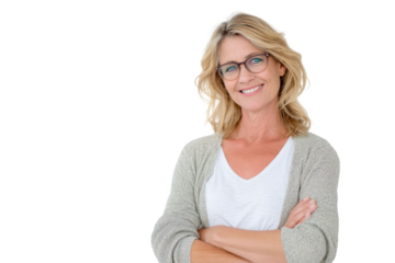 Portrait of 50 years old smiling woman looking at camera with crossed arms. Happy girl standing in creative office. Successful businesswoman standing in white background PNG	