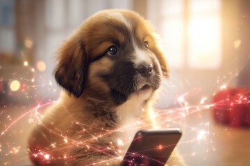 Cute puppy engaged with smartphone in bright morning ambience. People objects link. Nothing stands alone: invisible threads hold the world in unity. Puppy look. Connected reality.
