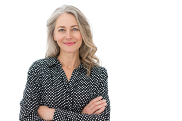 Portrait of 50 years old smiling woman looking at camera with crossed arms. Happy girl standing in creative office. Successful businesswoman standing in white background PNG	
