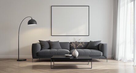 Modern Living Room Design Gray Sofa, Black Coffee Table Floor Lamp