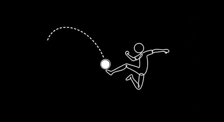 One line drawing of a football player kicking a ball in action dynamic movement