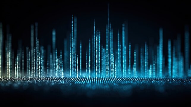 Abstract cityscape of glowing, vertical data streams on a dark background