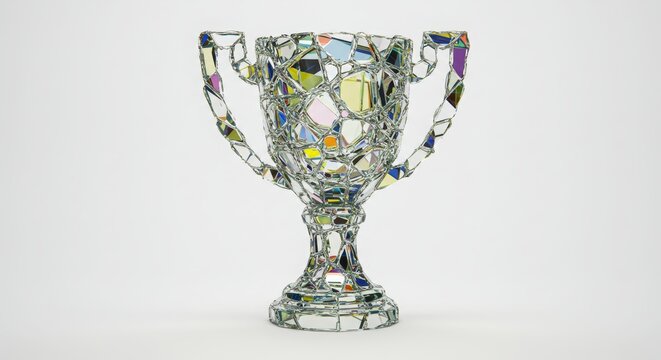 Shattered glass reassembled into shining trophy on white background

