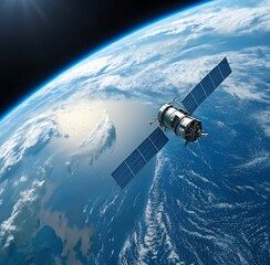 Obraz premium A highly realistic 3D render of a communication satellite in orbit, with its solar panels extended. The satellite is depicted above the Earth's atmosphere, which is vividly rendered with blue oceans, 