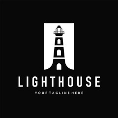 Lighthouse logo concept with a tall tower as a symbol of a harbor ship, illustration of a template design