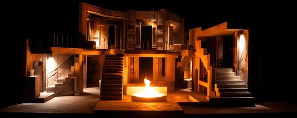 Stage set, stylized multi-level structure, lit by fire and spotlights, evoking mystery