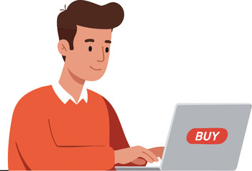 Young man shopping online on laptop with buy button and casual orange sweater vector illustration 