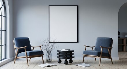 Modern Living Room Interior Design with Blank Canvas, Mid-Century Armchairs Stylish Coffee Table