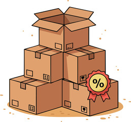 Obraz premium Stack of cardboard boxes with discount badge and open top box for shipping and storage vector illustration 