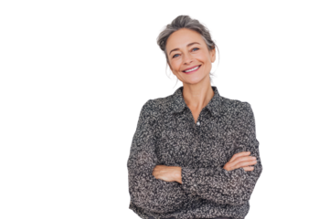 Portrait of 50 years old smiling woman looking at camera with crossed arms. Happy girl standing in creative office. Successful businesswoman standing in white background PNG	