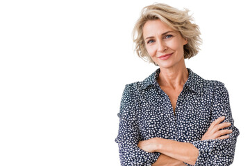 Portrait of 50 years old smiling woman looking at camera with crossed arms. Happy girl standing in creative office. Successful businesswoman standing in white background PNG	