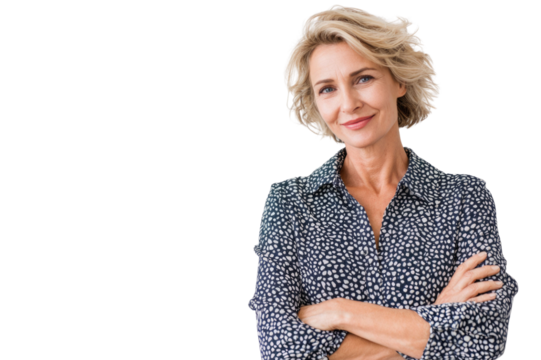 Portrait of 50 years old smiling woman looking at camera with crossed arms. Happy girl standing in creative office. Successful businesswoman standing in white background PNG	