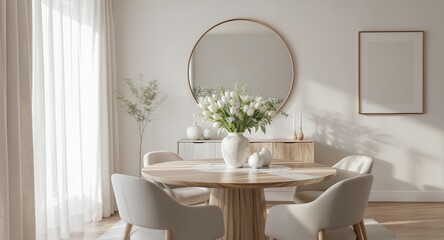 Modern Minimalist Dining Room Decor Round Table, Neutral Tones, Elegant Style