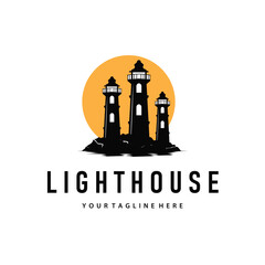 Obraz premium Lighthouse logo concept with a tall tower as a symbol of a harbor ship, illustration of a template design
