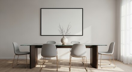 Modern Minimalist Dining Room Design Glass Table, Grey Chairs, Large Wall Art