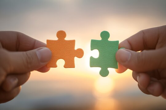 Two Hands Connecting Orange and Green Puzzle Pieces Against Sunset