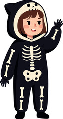 Obraz premium Child Wearing Black Skeleton Costume Waving Hand in Cute Halloween Outfit Vector Illustration 