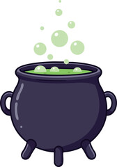 Black Cauldron with Green Potion Bubbling Vector Illustration for Halloween Magic Theme 