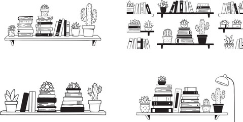 Black and White Illustration of Bookshelves with Plants and Books © injala